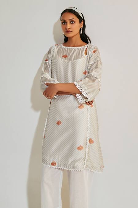 Buy Sage Saga Blue Cotton, Chanderi Lace Keyhole Pihu Short Phiran Kurta And Work Palazzo Set Online at Aza Fashions Buy_Sage Saga_Blue Cotton, Chanderi Lace Keyhole Pihu Short Phiran Kurta And Work Palazzo Set _Online_at_Aza_Fashions