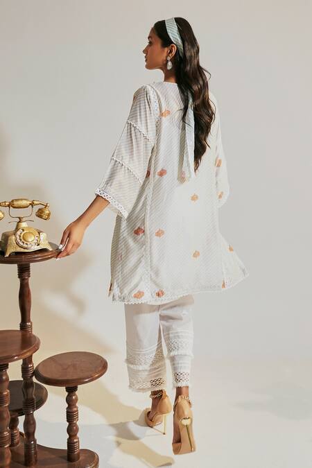 Shop Sage Saga Blue Cotton, Chanderi Lace Keyhole Pihu Short Phiran Kurta And Work Palazzo Set Online at Aza Fashions Shop_Sage Saga_Blue Cotton, Chanderi Lace Keyhole Pihu Short Phiran Kurta And Work Palazzo Set _Online_at_Aza_Fashions
