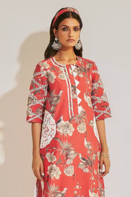 Buy_Sage Saga_Fuchsia , Cotton Round Neck Soha Garden Print Long Kurta _Online_at_Aza_Fashions