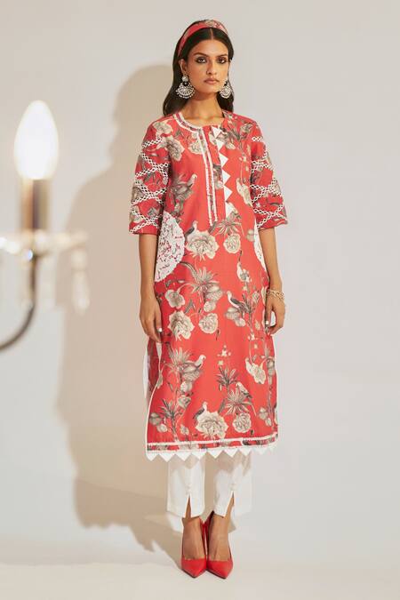 Shop_Sage Saga_Fuchsia , Cotton Round Neck Soha Garden Print Long Kurta _Online_at_Aza_Fashions