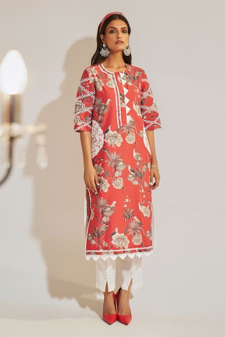 Buy_Sage Saga_Fuchsia Chanderi, Soha Garden Print Kurta Palazzo Set For Kids