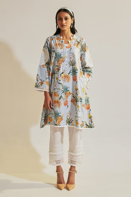 Sage Saga_Blue Linen Embroidery Soha Floral Print Kalidar Kurta For Kids_Online_at_Aza_Fashions