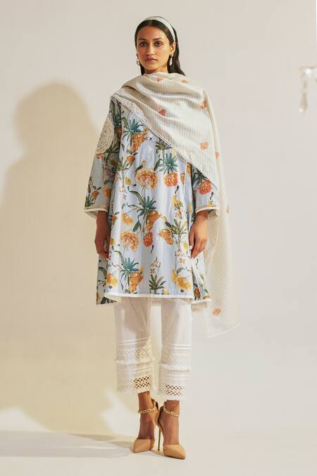 Sage Saga Blue Linen, Chanderi, Lace Soha Floral Print Kalidar Kurta Palazzo Set at Aza Fashions Sage Saga_Blue Linen, Chanderi, Lace Soha Floral Print Kalidar Kurta Palazzo Set _at_Aza_Fashions