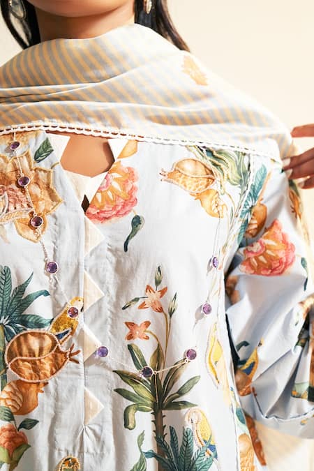 Shop_Sage Saga_Blue Linen Embroidery Soha Floral Print Kalidar Kurta For Kids_Online_at_Aza_Fashions