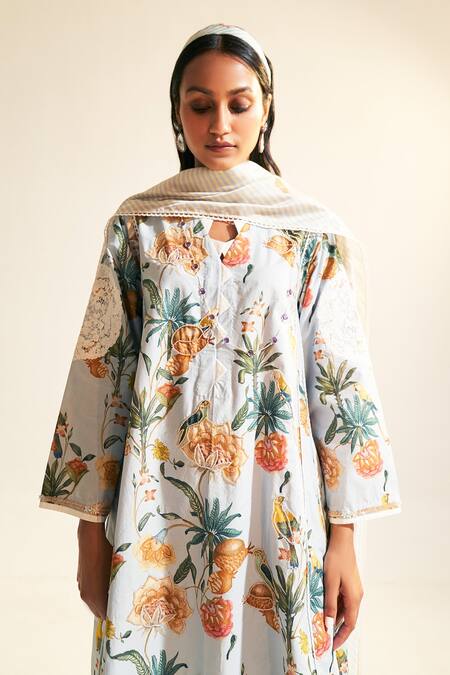 Sage Saga_Blue Linen Embroidery Soha Floral Print Kalidar Kurta For Kids_at_Aza_Fashions