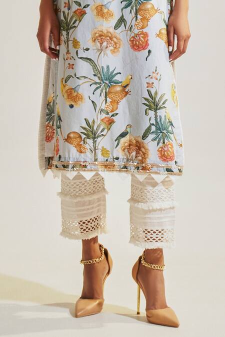 Sage Saga_Blue Chanderi, Lace, Linen Lace, Cut Work Soha Floral Print Kurta Palazzo Set _Online_at_Aza_Fashions