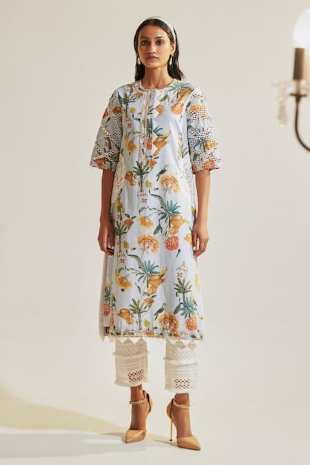 Buy_Sage Saga_Blue Chanderi, Lace, Linen Lace, Cut Work Soha Floral Print Kurta Palazzo Set _Online_at_Aza_Fashions