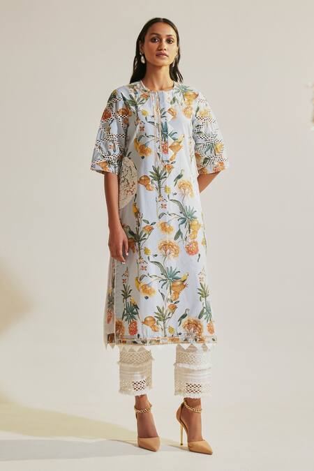 Shop_Sage Saga_Blue Chanderi, Lace, Linen Lace, Cut Work Soha Floral Print Kurta Palazzo Set _Online_at_Aza_Fashions