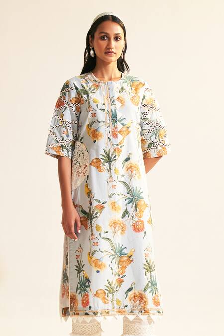 Buy Sage Saga Blue Round Neck Soha Floral Print Kurta Online at Aza Fashions Buy_Sage Saga_Blue Round Neck Soha Floral Print Kurta _Online_at_Aza_Fashions