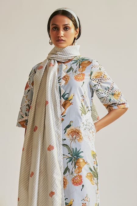 Sage Saga_Blue Chanderi, Lace, Linen Lace, Cut Work Soha Floral Print Kurta Palazzo Set _at_Aza_Fashions