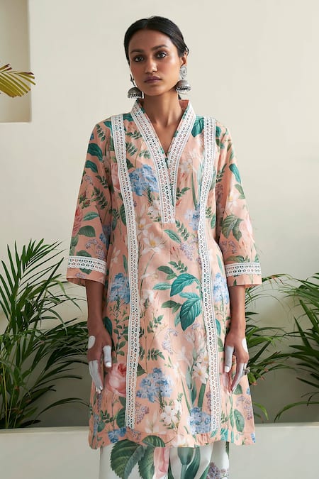 Buy Sage Saga Peach Linen Embroidery V-neck Amaryllis Floral Print Tunic Online at Aza Fashions Buy_Sage Saga_Peach Linen Embroidery V-neck Amaryllis Floral Print Tunic _Online_at_Aza_Fashions