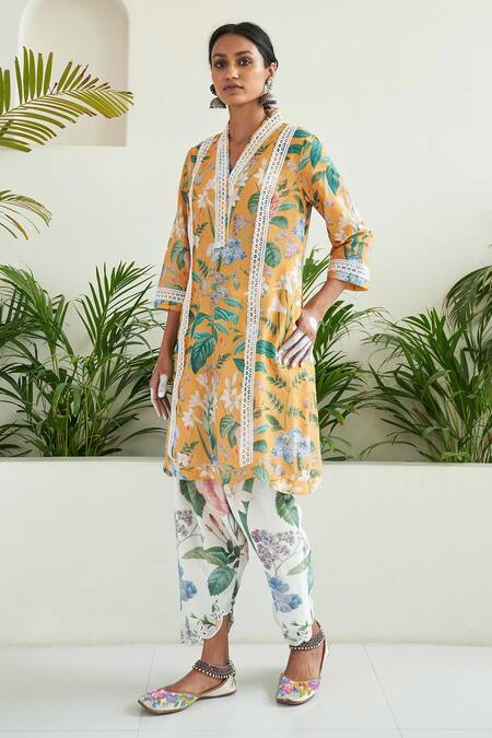 Sage Saga Yellow Lace, Chanderi Lace, Freesia Floral Print Tunic Tulip Salwar Set Online at Aza Fashions Sage Saga_Yellow Lace, Chanderi Lace, Freesia Floral Print Tunic Tulip Salwar Set _Online_at_Aza_Fashions