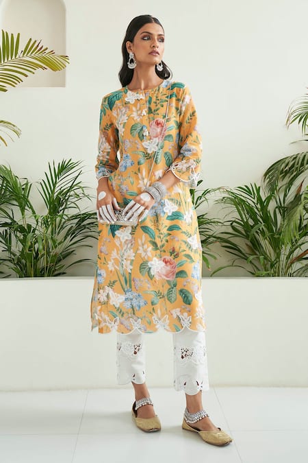 Sage Saga_Yellow , Cotton Pearls, Round Neck Freesia Straight Floral Print Kurta _Online_at_Aza_Fashions
