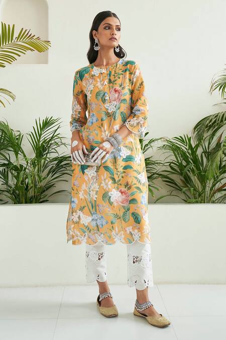 Sage Saga Yellow Linen, Chanderi, Cotton Freesia Floral Print Kurta Palazzo Set Online at Aza Fashions Sage Saga_Yellow Linen, Chanderi, Cotton Freesia Floral Print Kurta Palazzo Set _Online_at_Aza_Fashions