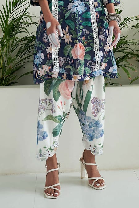 Buy Sage Saga Blue Linen Embroidery, Lace V-neck Iris Floral Print Tunic Online at Aza Fashions Buy_Sage Saga_Blue Linen Embroidery, Lace V-neck Iris Floral Print Tunic _Online_at_Aza_Fashions