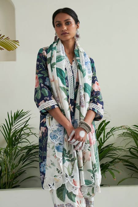 Shop Sage Saga Blue Chanderi Embroidery, Lace V-neck Iris Floral Print Tunic Tulip Salwar Set Online at Aza Fashions Shop_Sage Saga_Blue Chanderi Embroidery, Lace V-neck Iris Floral Print Tunic Tulip Salwar Set _Online_at_Aza_Fashions