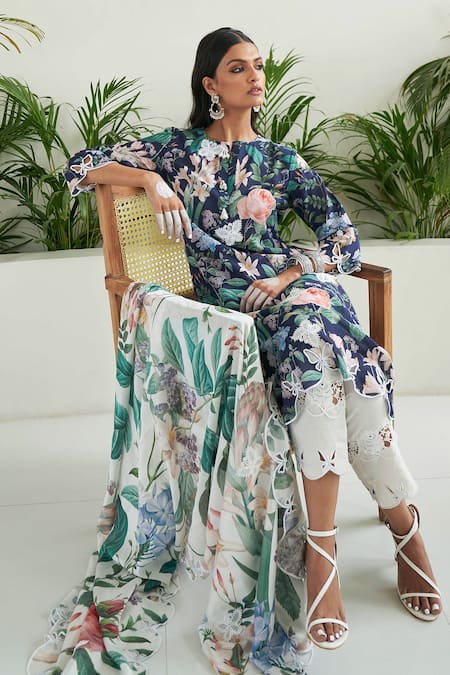 Sage Saga_Blue Chanderi, Linen Pearls, Iris Floral Print Straight Kurta Palazzo Set _Online_at_Aza_Fashions