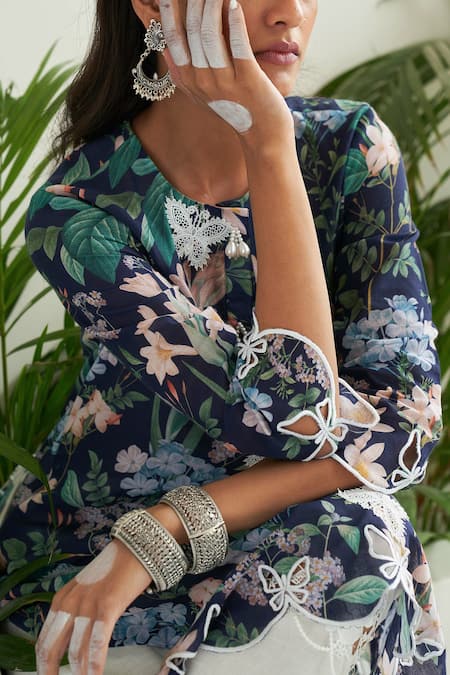 Buy_Sage Saga_Blue Chanderi, Linen Pearls, Iris Floral Print Straight Kurta Palazzo Set _Online_at_Aza_Fashions