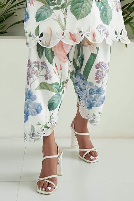 Buy_Sage Saga_Ivory Chanderi Lace, Embroidery V-neck May Floral Print Tunic Tulip Salwar Set _Online_at_Aza_Fashions