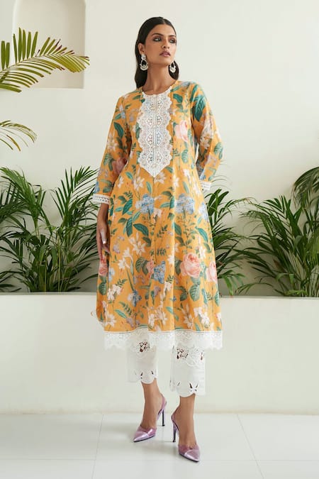Buy Sage Saga Yellow Chanderi, Lace Lace, Pearls, Cut Work Botanic Print Anarkali Palazzo Set Online at Aza Fashions Buy_Sage Saga_Yellow Chanderi, Lace Lace, Pearls, Cut Work Botanic Print Anarkali Palazzo Set _Online_at_Aza_Fashions