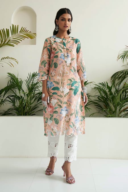 Sage Saga Peach Linen, Chanderi, Pearls, Butterfly Cut-out Border Kurta Pant Set Online at Aza Fashions Sage Saga_Peach Linen, Chanderi, Pearls, Butterfly Cut-out Border Kurta Pant Set _Online_at_Aza_Fashions