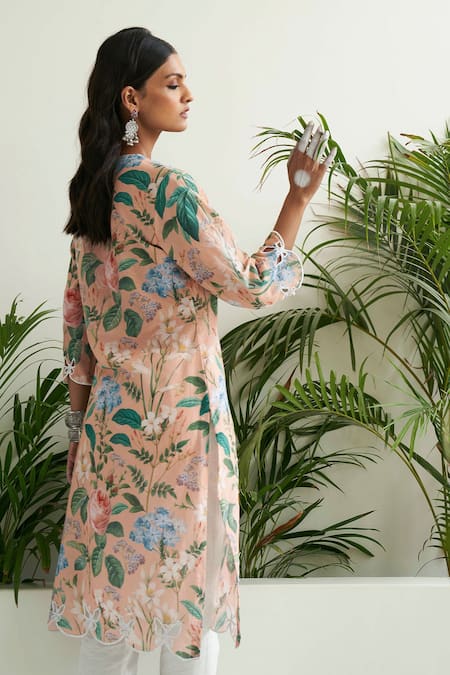 Buy Sage Saga Peach Linen, Chanderi, Pearls, Butterfly Cut-out Border Kurta Pant Set Online at Aza Fashions Buy_Sage Saga_Peach Linen, Chanderi, Pearls, Butterfly Cut-out Border Kurta Pant Set _Online_at_Aza_Fashions