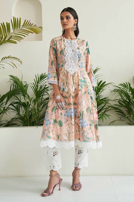 Sage Saga Peach Lace, Cotton Embroidery Round Neck Amaryllis Floral Print Anarkali Online at Aza Fashions Sage Saga_Peach Lace, Cotton Embroidery Round Neck Amaryllis Floral Print Anarkali _Online_at_Aza_Fashions