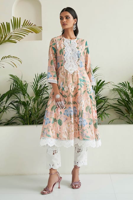 Sage Saga_Peach Chanderi, Linen, Lace Lace, Blossom Print Panelled Anarkali Palazzo Set _Online_at_Aza_Fashions