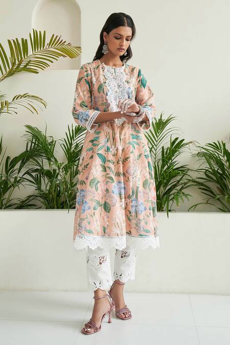 Buy_Sage Saga_Peach Chanderi, Linen, Lace Lace, Blossom Print Panelled Anarkali Palazzo Set _Online_at_Aza_Fashions