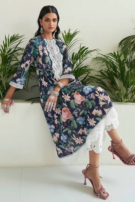 Sage Saga Blue Chanderi, Lace Lace, Embroidery Floral Print Anarkali Set With Palazzo Online at Aza Fashions Sage Saga_Blue Chanderi, Lace Lace, Embroidery Floral Print Anarkali Set With Palazzo _Online_at_Aza_Fashions