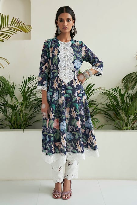 Shop Sage Saga Blue Chanderi, Lace Lace, Embroidery Floral Print Anarkali Set With Palazzo Online at Aza Fashions Shop_Sage Saga_Blue Chanderi, Lace Lace, Embroidery Floral Print Anarkali Set With Palazzo _Online_at_Aza_Fashions