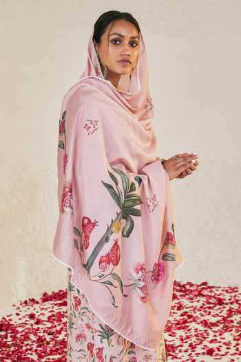 Sage Saga_Pink Chanderi, Linen, Tassels, Mahgul Floral Print Kurta Salwar Set _at_Aza_Fashions