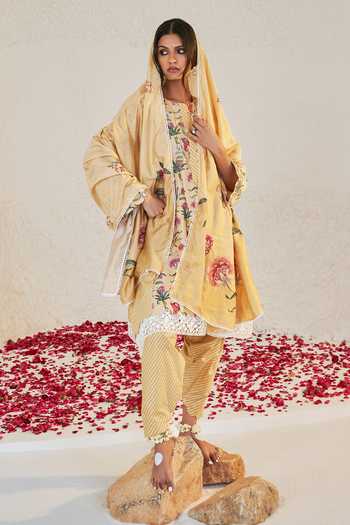 Sage Saga_Yellow Chanderi, Lace Tassels Round Mahgul Floral Print Kalidar Kurta Salwar Set _Online_at_Aza_Fashions