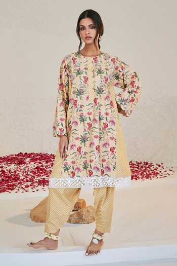Shop_Sage Saga_Yellow Chanderi, Lace Tassels Round Mahgul Floral Print Kalidar Kurta Salwar Set _Online_at_Aza_Fashions