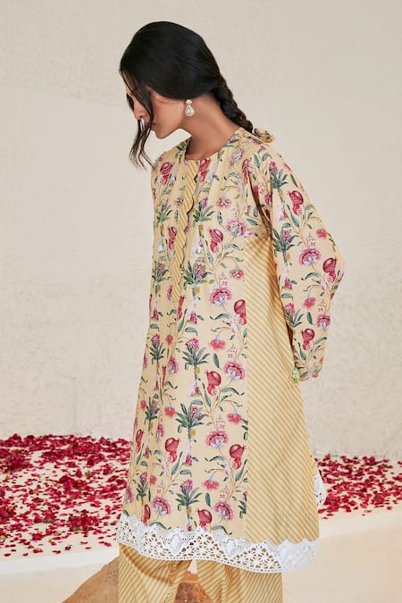 Sage Saga_Yellow Linen Embroidery, Lace Mahgul Floret Print Kalidar Kurta For Kids_Online_at_Aza_Fashions