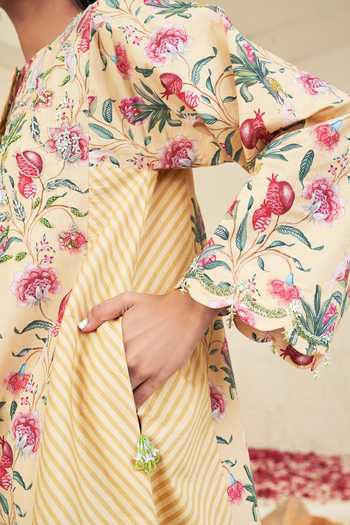 Sage Saga_Yellow Chanderi, Lace Tassels Round Mahgul Floral Print Kalidar Kurta Salwar Set _at_Aza_Fashions