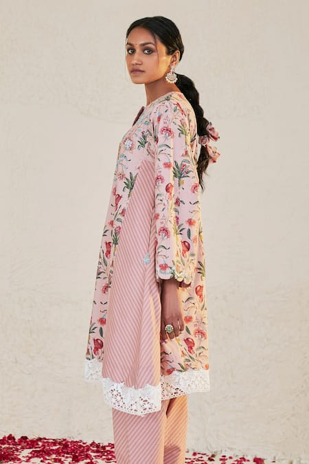 Shop_Sage Saga_Pink Cotton, Lace, Chanderi Tassels, Mahgul Printed Kalidar Kurta Salwar Set For Kids_Online_at_Aza_Fashions