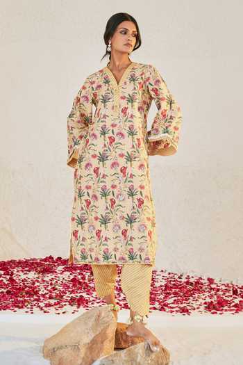 Sage Saga_Yellow Chanderi, Lace Embroidery, Tassels Mahgul Floret Print Kurta Salwar Set _Online_at_Aza_Fashions