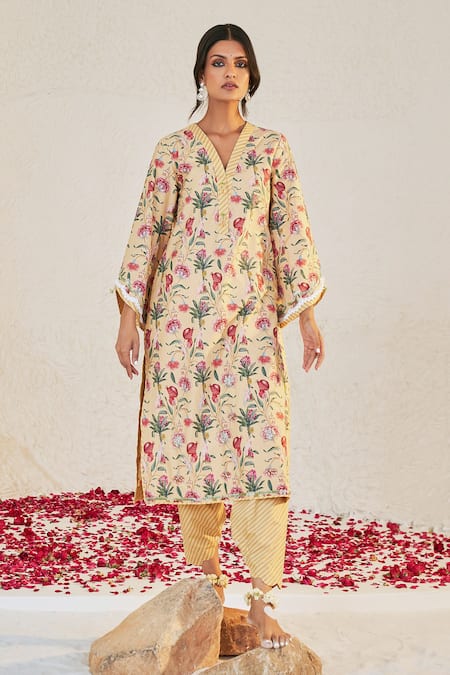 Sage Saga_Yellow Linen Embroidery, Lace Mahgul Floret Print Kurta For Kids_Online_at_Aza_Fashions