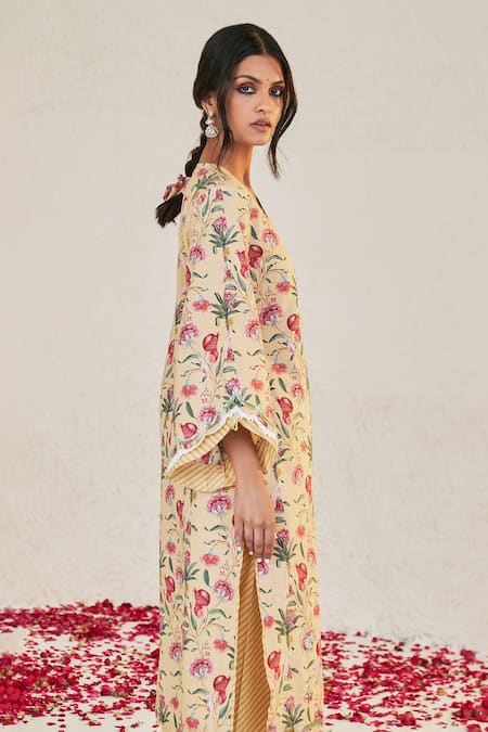 Buy_Sage Saga_Yellow Linen Embroidery, Lace Mahgul Floret Print Kurta For Kids_Online_at_Aza_Fashions