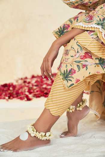 Shop_Sage Saga_Yellow Chanderi, Lace Embroidery, Tassels Mahgul Floret Print Kurta Salwar Set _Online_at_Aza_Fashions