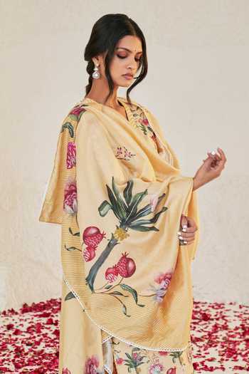 Sage Saga_Yellow Chanderi, Lace Embroidery, Tassels Mahgul Floret Print Kurta Salwar Set _at_Aza_Fashions