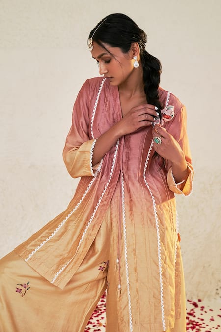 Sage Saga Yellow Chanderi Lace V-neck Mahgul Work Kurta And Sharara Set Online at Aza Fashions Sage Saga_Yellow Chanderi Lace V-neck Mahgul Work Kurta And Sharara Set _Online_at_Aza_Fashions