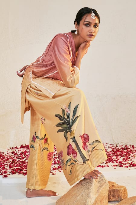 Buy Sage Saga Yellow Chanderi Lace V-neck Mahgul Work Kurta And Sharara Set Online at Aza Fashions Buy_Sage Saga_Yellow Chanderi Lace V-neck Mahgul Work Kurta And Sharara Set _Online_at_Aza_Fashions