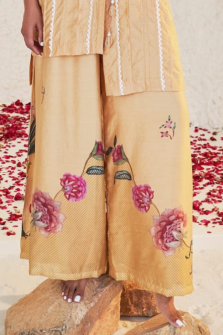 Shop Sage Saga Yellow Chanderi Lace V-neck Mahgul Work Kurta And Sharara Set Online at Aza Fashions Shop_Sage Saga_Yellow Chanderi Lace V-neck Mahgul Work Kurta And Sharara Set _Online_at_Aza_Fashions