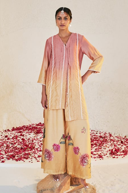 Sage Saga Yellow Chanderi Lace V-neck Mahgul Work Kurta And Sharara Set at Aza Fashions Sage Saga_Yellow Chanderi Lace V-neck Mahgul Work Kurta And Sharara Set _at_Aza_Fashions