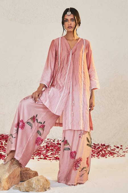 Sage Saga_Pink Chanderi Lace, Embroidery V-neck Mahgul Work Kurta And Printed Sharara Set _Online_at_Aza_Fashions