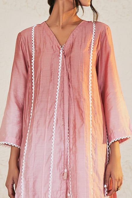 Buy_Sage Saga_Pink Chanderi Lace, Embroidery V-neck Mahgul Work Kurta And Printed Sharara Set _Online_at_Aza_Fashions