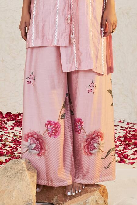 Shop_Sage Saga_Pink Chanderi Lace, Embroidery V-neck Mahgul Work Kurta And Printed Sharara Set _Online_at_Aza_Fashions