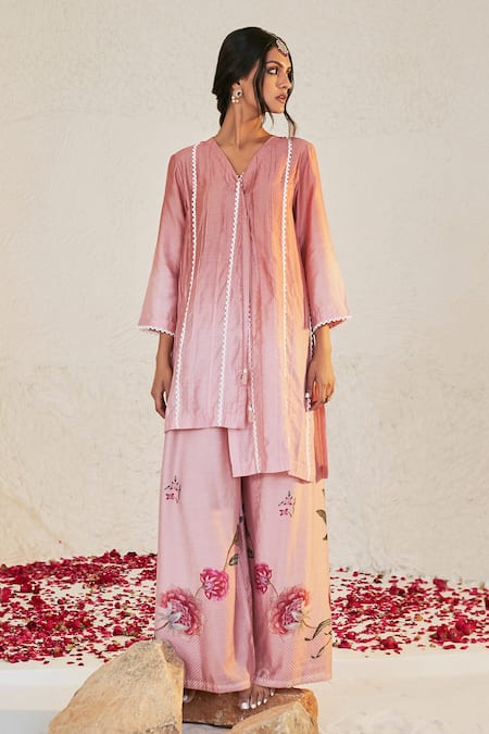 Sage Saga_Pink Chanderi Lace, Embroidery V-neck Mahgul Work Kurta And Printed Sharara Set _at_Aza_Fashions